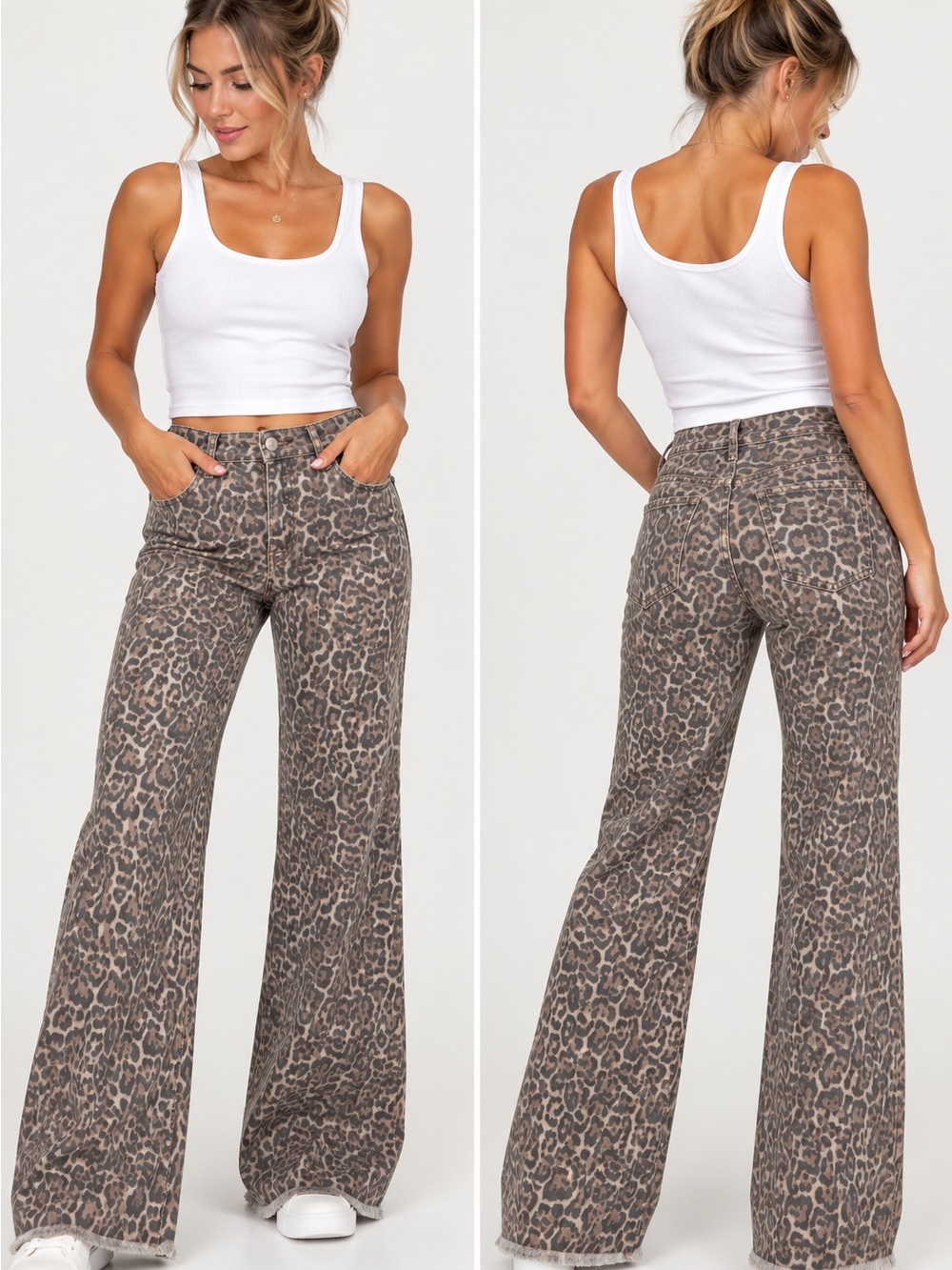 Leopard Print High-Waist Flared Pants - Brown
